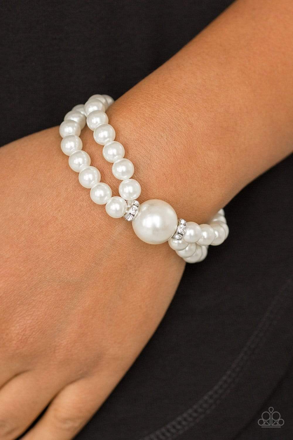 Romantic Redux-White Pearl & Rhinestone Stretch Bracelet